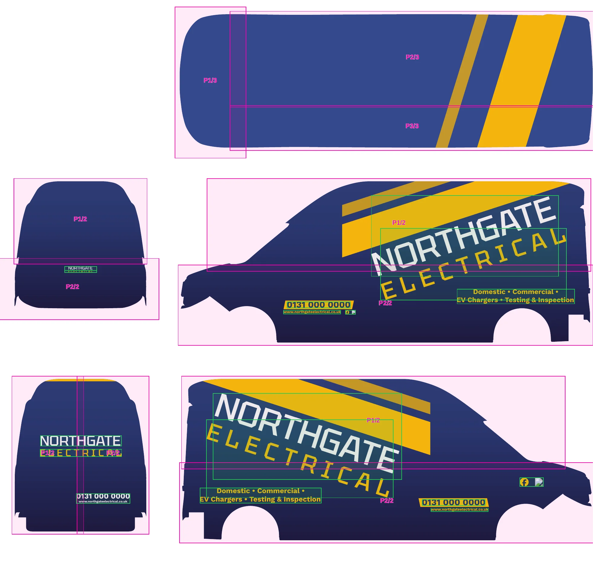 The Northgate van split into print panels and cut vinyl pieces, with joins, bleed and overlaps marked